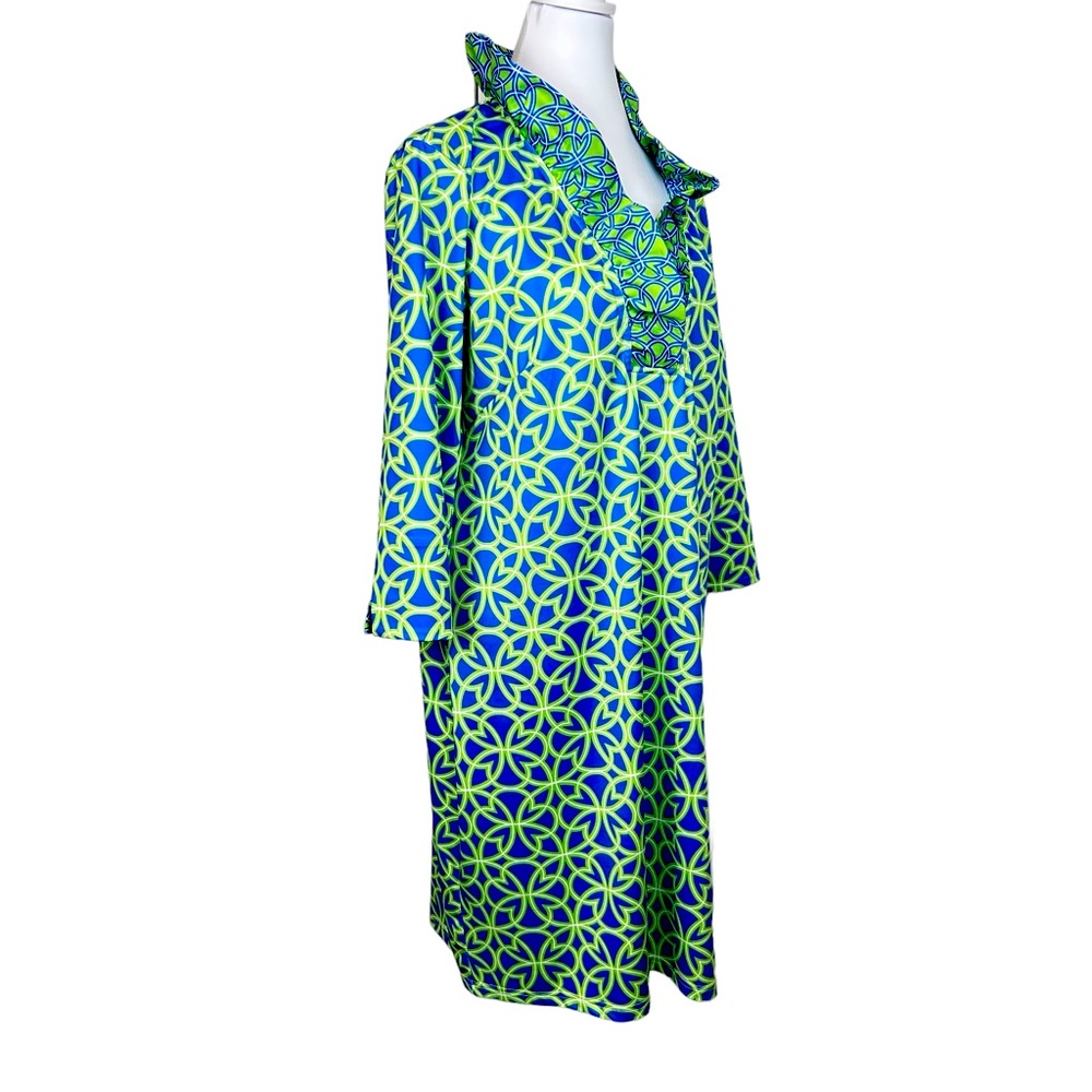 Gretchen Scott Dress Ruffle Neck Blue & Green Stretchy 3/4 Sleeve Loose Size XL